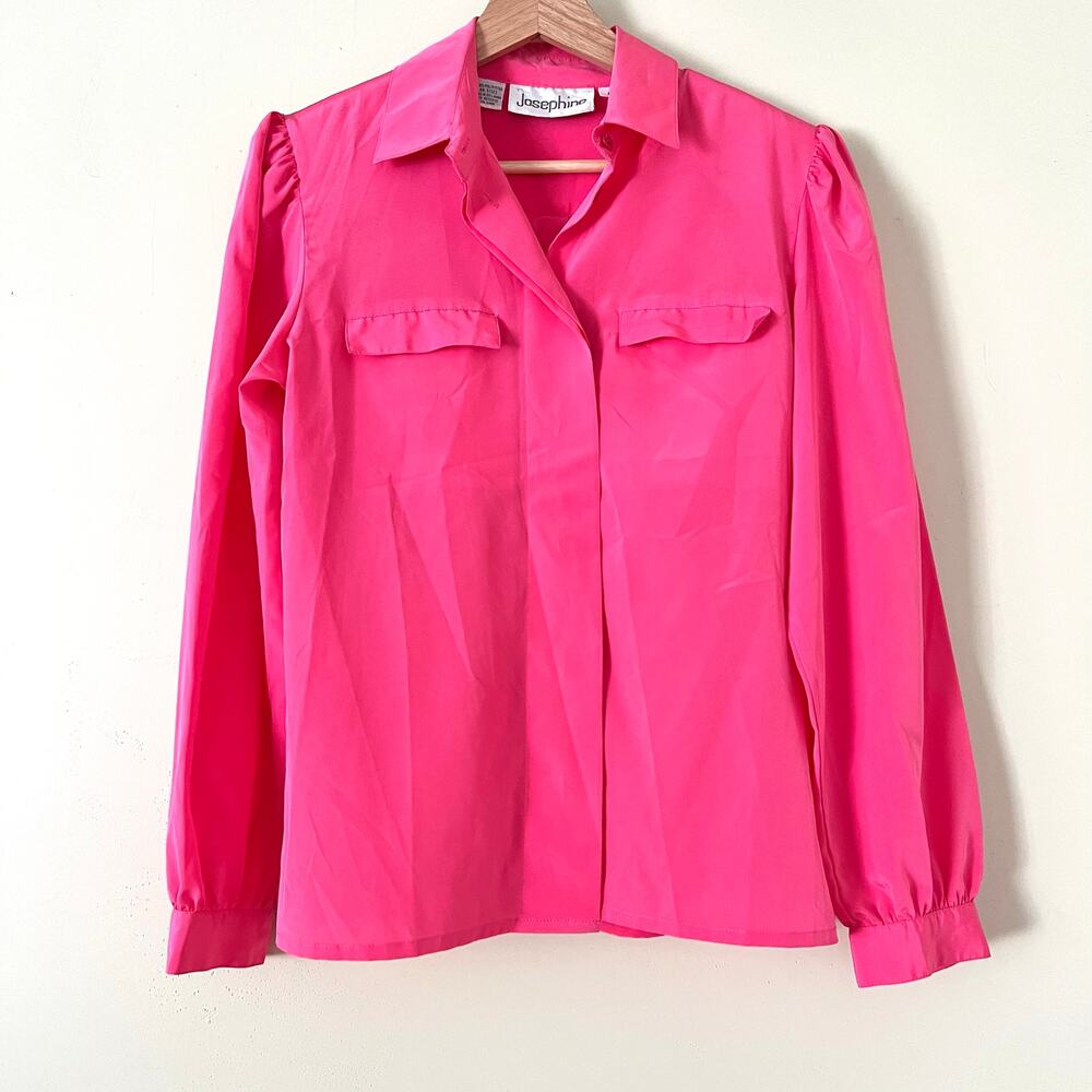 True Vintage Josephine Neon Pink Secretary Blouse 6 Puff Sleeve Camp Pockets 70s